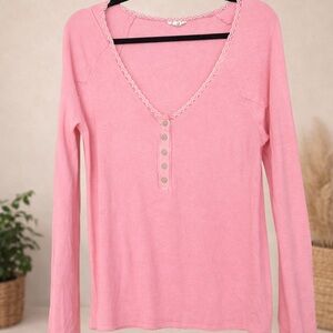 POL Pink Lace Trim V-Neck Women Top